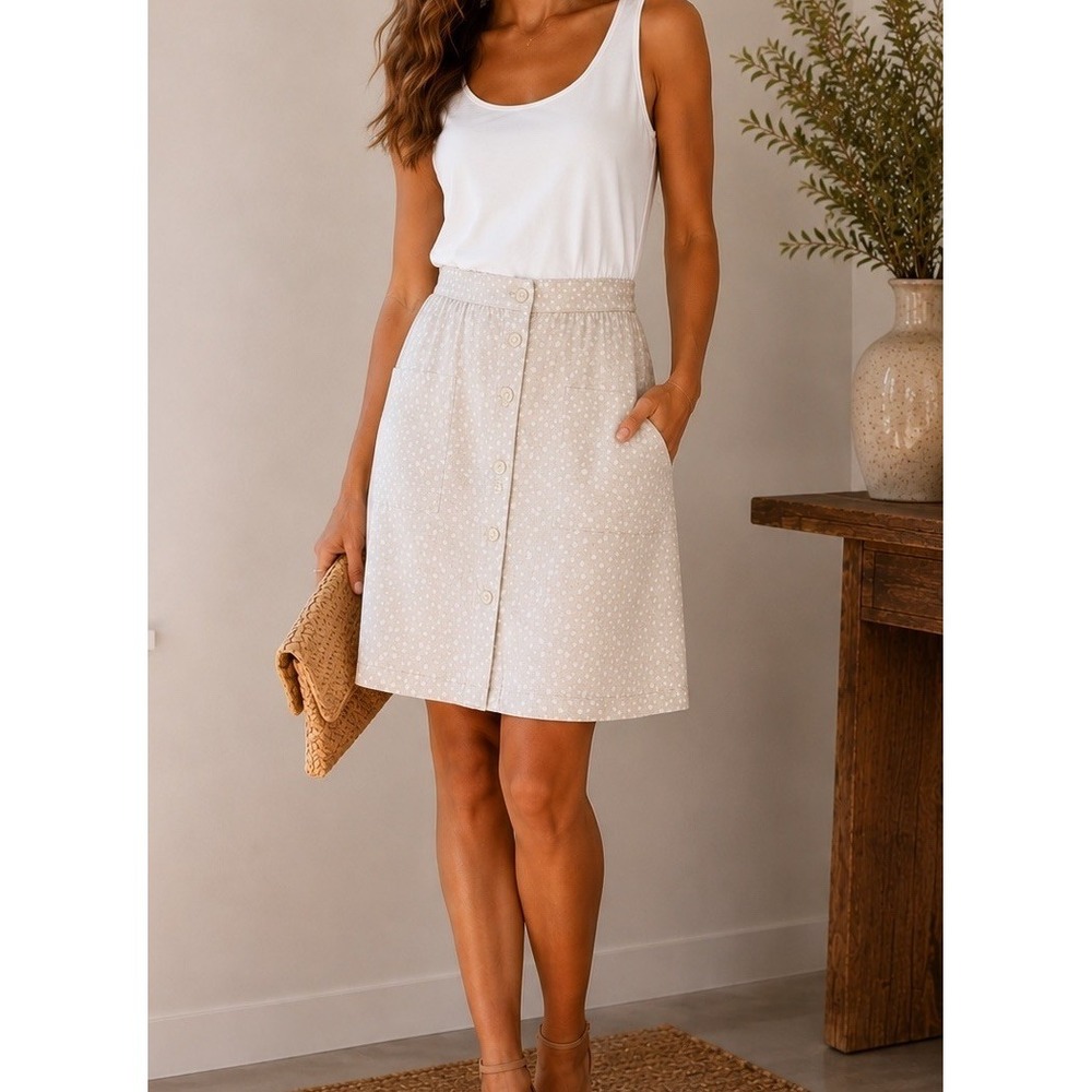 Rachel Zoe Linen Midi Skirt Womens 2 Ivory Polka Dot Button Front A-Line